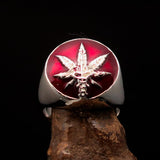 Men's Ring Cannabis Leaf Marihuana red Medical Weed Symbol - Sterling Silver - BikeRing4u