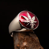 Men's Ring Cannabis Leaf Marihuana red Medical Weed Symbol - Sterling Silver - BikeRing4u