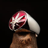 Men's Ring Cannabis Leaf Marihuana red Medical Weed Symbol - Sterling Silver - BikeRing4u