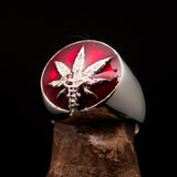 Men's Ring Cannabis Leaf Marihuana red Medical Weed Symbol - Sterling Silver - BikeRing4u