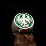 Nicely crafted Men's Seal Ring green German Eagle - Sterling Silver - BikeRing4u