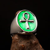 Green oval shaped Egyptian Ankh Cross Men's Ring - Sterling Silver - BikeRing4u