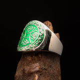 Excellent crafted ancient green Celtic Birgit's Cross Men's Ring - Sterling Silver - BikeRing4u