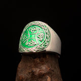 Excellent crafted ancient green Celtic Birgit's Cross Men's Ring - Sterling Silver - BikeRing4u