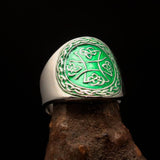 Excellent crafted ancient green Celtic Birgit's Cross Men's Ring - Sterling Silver - BikeRing4u