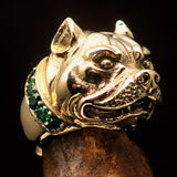 Excellent crafted Men's Pitbull Ring with green CZ Collar - solid Brass - BikeRing4u