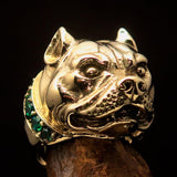 Excellent crafted Men's Pitbull Ring with green CZ Collar - solid Brass - BikeRing4u