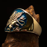 Excellent crafted Men's winged blue Lion Griffin Ring - Solid Brass - BikeRing4u
