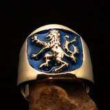Excellent crafted ancient Men's blue Rampant Lion Ring - Solid Brass - BikeRing4u