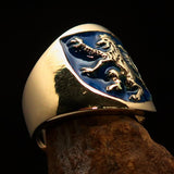 Excellent crafted ancient Men's blue Rampant Lion Ring - Solid Brass - BikeRing4u