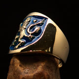 Excellent crafted ancient Men's blue Rampant Lion Ring - Solid Brass - BikeRing4u