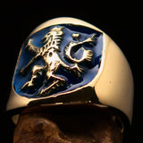 Excellent crafted ancient Men's blue Rampant Lion Ring - Solid Brass - BikeRing4u