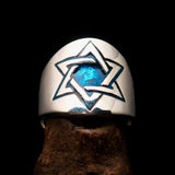 Excellent crafted Men's blue Star of David Hexagram Ring - Sterling Silver - BikeRing4u