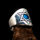 Excellent crafted Men's blue Star of David Hexagram Ring - Sterling Silver - BikeRing4u