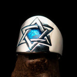 Excellent crafted Men's blue Star of David Hexagram Ring - Sterling Silver - BikeRing4u