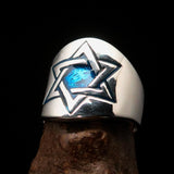 Excellent crafted Men's blue Star of David Hexagram Ring - Sterling Silver - BikeRing4u