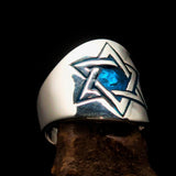Excellent crafted Men's blue Star of David Hexagram Ring - Sterling Silver - BikeRing4u