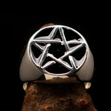 Excellent crafted Men's Pinky Ring Black Pentagram - Sterling Silver - BikeRing4u