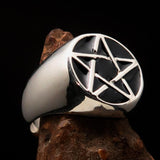 Excellent crafted Men's Pinky Ring Black Pentagram - Sterling Silver - BikeRing4u
