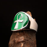 Excellent crafted Men's big green Egyptian Ankh Cross Ring - Sterling Silver - BikeRing4u