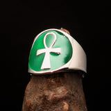Excellent crafted Men's big green Egyptian Ankh Cross Ring - Sterling Silver - BikeRing4u