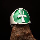 Excellent crafted Men's big green Egyptian Ankh Cross Ring - Sterling Silver - BikeRing4u
