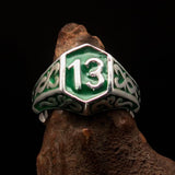 Excellent crafted Men's Biker Ring green lucky Number 13 - Sterling Silver - BikeRing4u