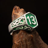 Excellent crafted Men's Biker Ring green lucky Number 13 - Sterling Silver - BikeRing4u