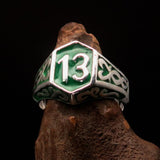 Excellent crafted Men's Biker Ring green lucky Number 13 - Sterling Silver - BikeRing4u