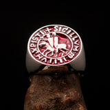 Excellent crafted Men's red Templar Knight Seal Ring - Sterling Silver - BikeRing4u