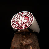Excellent crafted Men's red Templar Knight Seal Ring - Sterling Silver - BikeRing4u