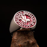 Excellent crafted Men's red Templar Knight Seal Ring - Sterling Silver - BikeRing4u
