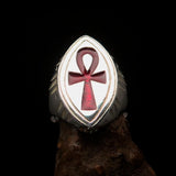 Red marquise shaped Egyptian Ankh Cross Men's Ring - Sterling Silver - BikeRing4u