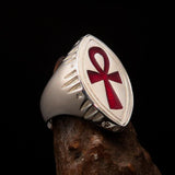 Red marquise shaped Egyptian Ankh Cross Men's Ring - Sterling Silver - BikeRing4u