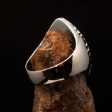 Red marquise shaped Egyptian Ankh Cross Men's Ring - Sterling Silver - BikeRing4u