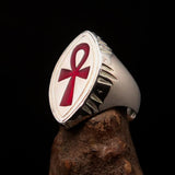 Red marquise shaped Egyptian Ankh Cross Men's Ring - Sterling Silver - BikeRing4u