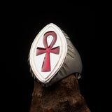Red marquise shaped Egyptian Ankh Cross Men's Ring - Sterling Silver - BikeRing4u