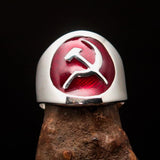 Excellent crafted Men's Hammer and Sickle Crest Ring red - Sterling Silver - BikeRing4u