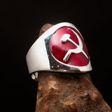 Excellent crafted Men's Hammer and Sickle Crest Ring red - Sterling Silver - BikeRing4u