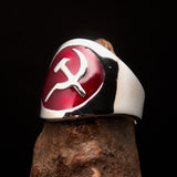 Excellent crafted Men's Hammer and Sickle Crest Ring red - Sterling Silver - BikeRing4u