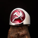 Excellent crafted Men's Hammer and Sickle Crest Ring red - Sterling Silver - BikeRing4u