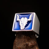 Perfectly crafted Men's Cowboy Ring blue Bull Skull - Sterling Silver - BikeRing4u