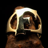 Mirror polished Men's Brass Initial Ring one bold Letter F - BikeRing4u