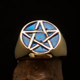 Excellent crafted Men's Pinky Ring Blue Pentagram - Solid Brass - BikeRing4u