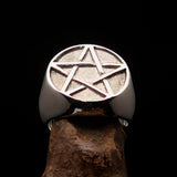 Excellent crafted Men's Pinky Pentagram Ring - two tone Sterling Silver - BikeRing4u