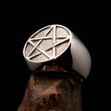 Excellent crafted Men's Pinky Pentagram Ring - two tone Sterling Silver - BikeRing4u