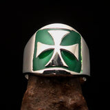Excellent crafted Men's green Iron Cross Biker Ring - Sterling Silver - BikeRing4u