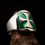 Excellent crafted Men's green Iron Cross Biker Ring - Sterling Silver - BikeRing4u