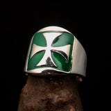 Excellent crafted Men's green Iron Cross Biker Ring - Sterling Silver - BikeRing4u