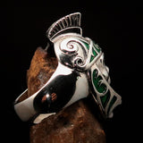 Excellent crafted Men's Skull Biker Ring green Roman Centurion - Sterling Silver - BikeRing4u